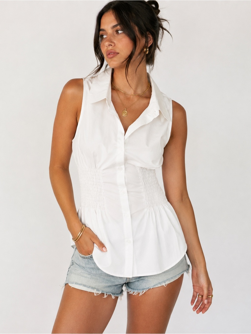 Anthropologie Sleeveless Smocked Waist Button Up Shirt | White | Size 8